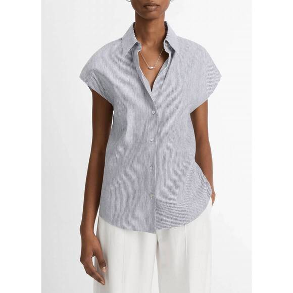 VINCE Tops - NEW VINCE ticking stripe linen-cotton cap sleeve blouse in iris slate / off-whit